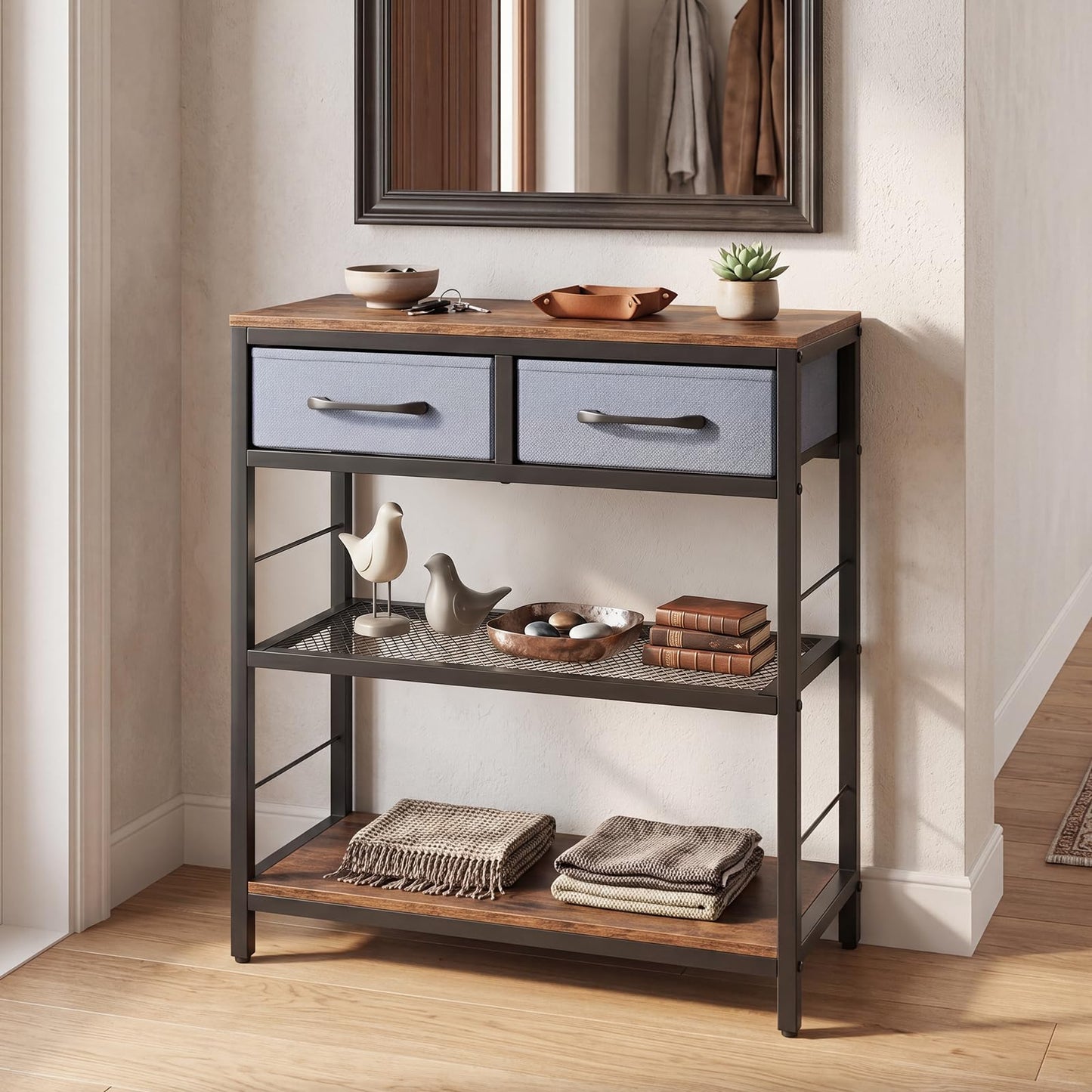 3-Tier Narrow Console Table with 2 Fabric Drawers and Open Shelves