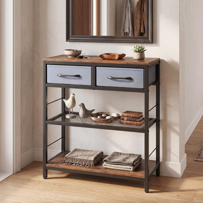 3-Tier Narrow Console Table with 2 Fabric Drawers and Open Shelves