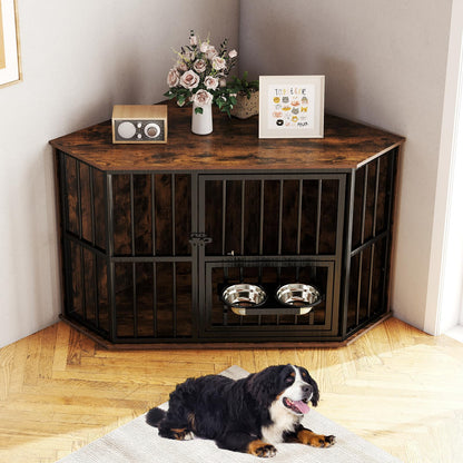Corner Dog Crate Space Saving Dog Cage with Adjustable Feeder