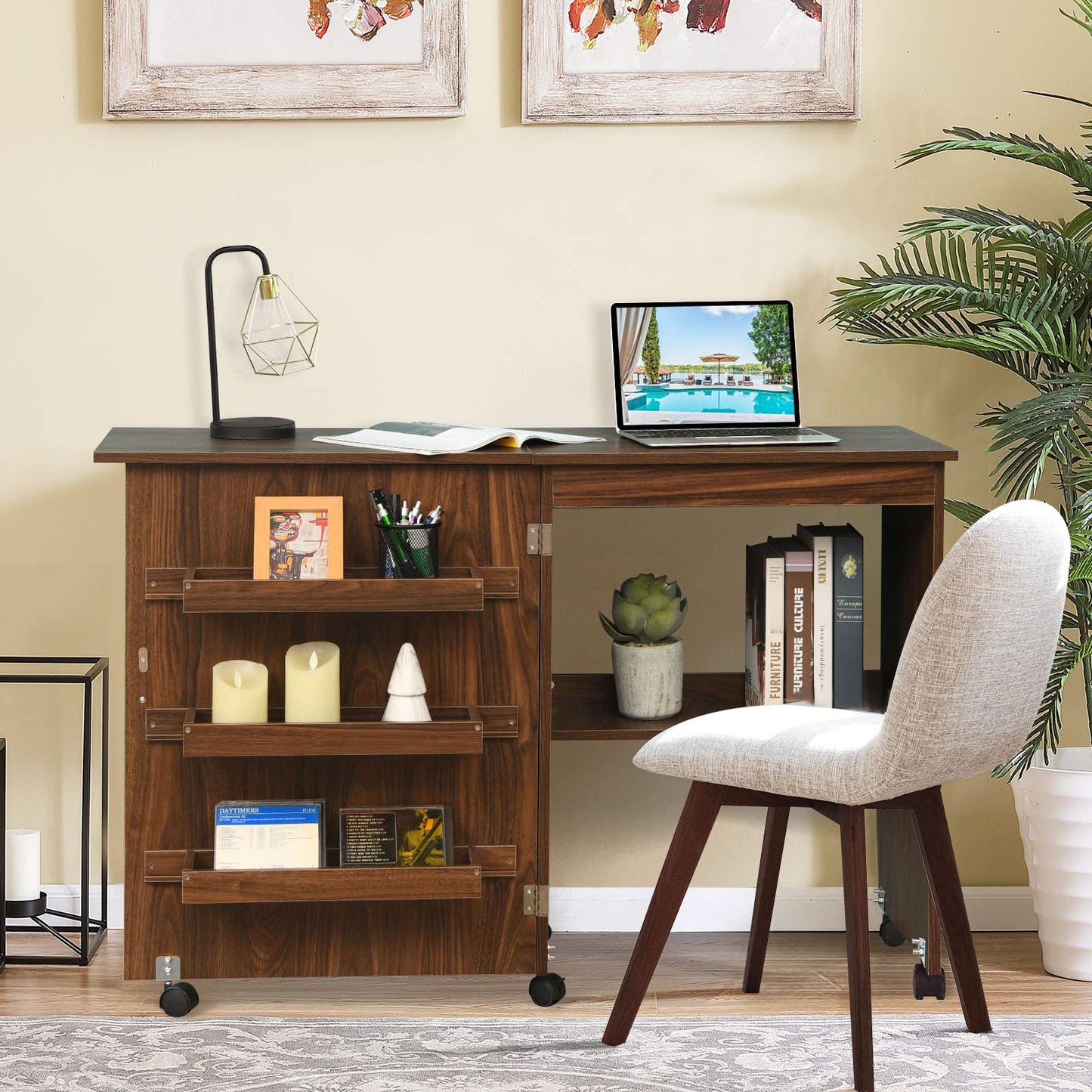 2-in-1 Rolling Folding Sewing Table with Storage Shelves and Lockable Casters