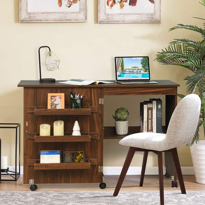 2-in-1 Rolling Folding Sewing Table with Storage Shelves and Lockable Casters