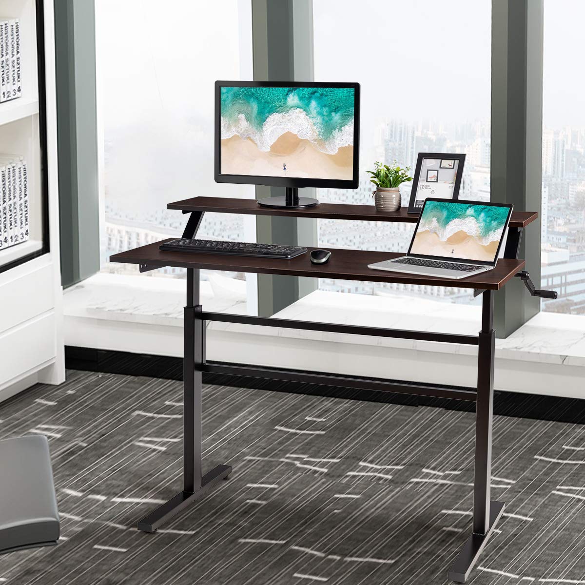 2-Tier Standing Desk with Adjustable Height and Crank Handle