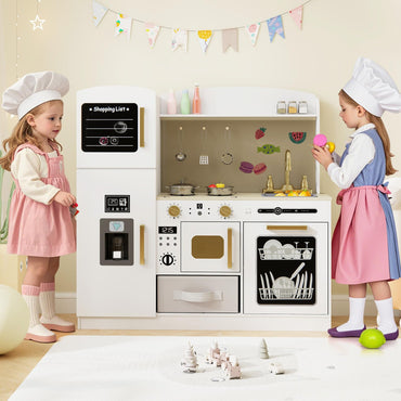 Kids Wooden Kitchen Playset Pretend Play with Chalkboard and Ice Maker