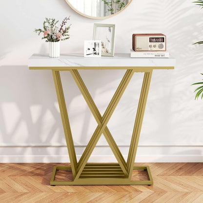 Gold Console Table Modern Sofa Table with Faux Marble Rectangular Tabletop