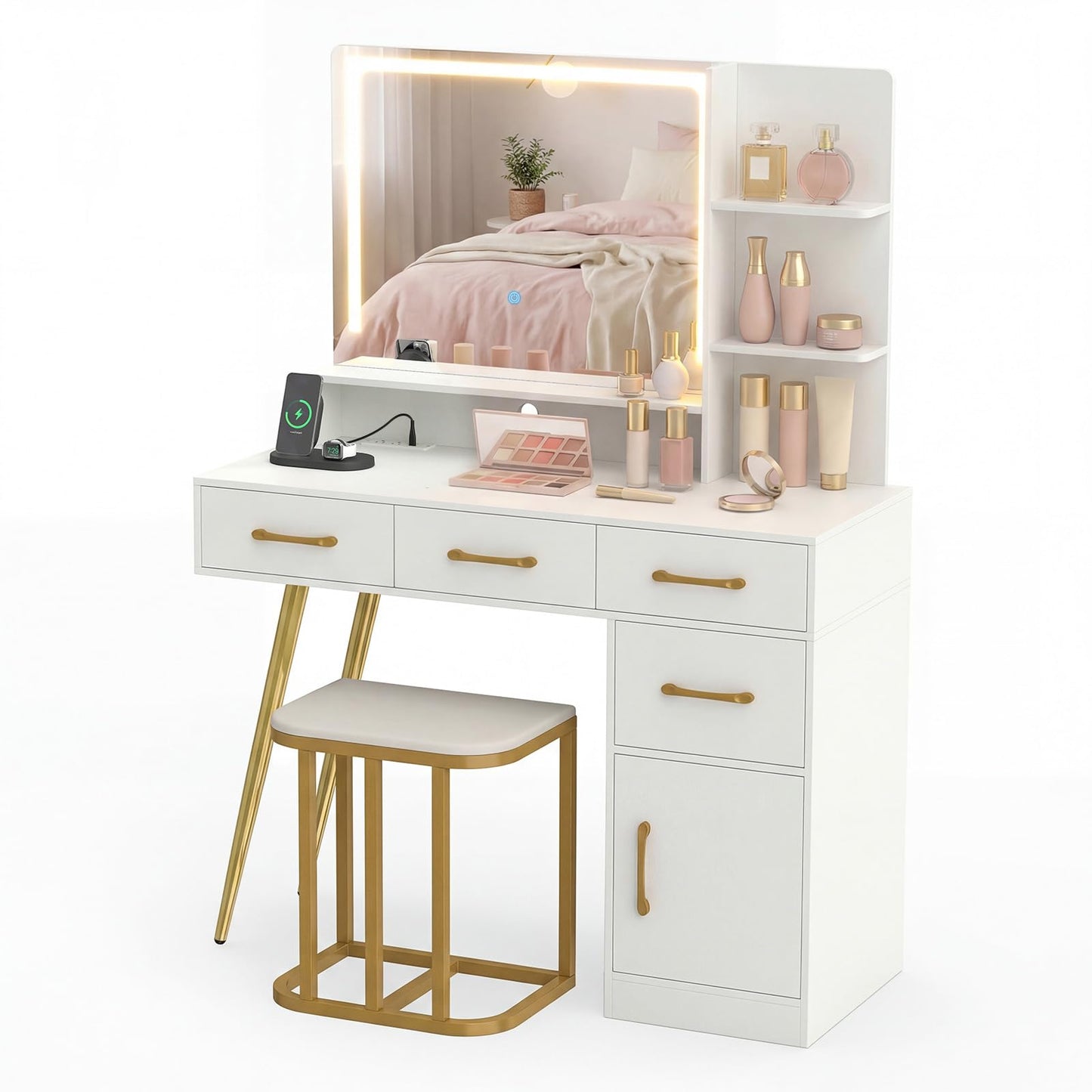Dressing Table with LED Mirror and Stool, Makeup Table Vanity Desk Set