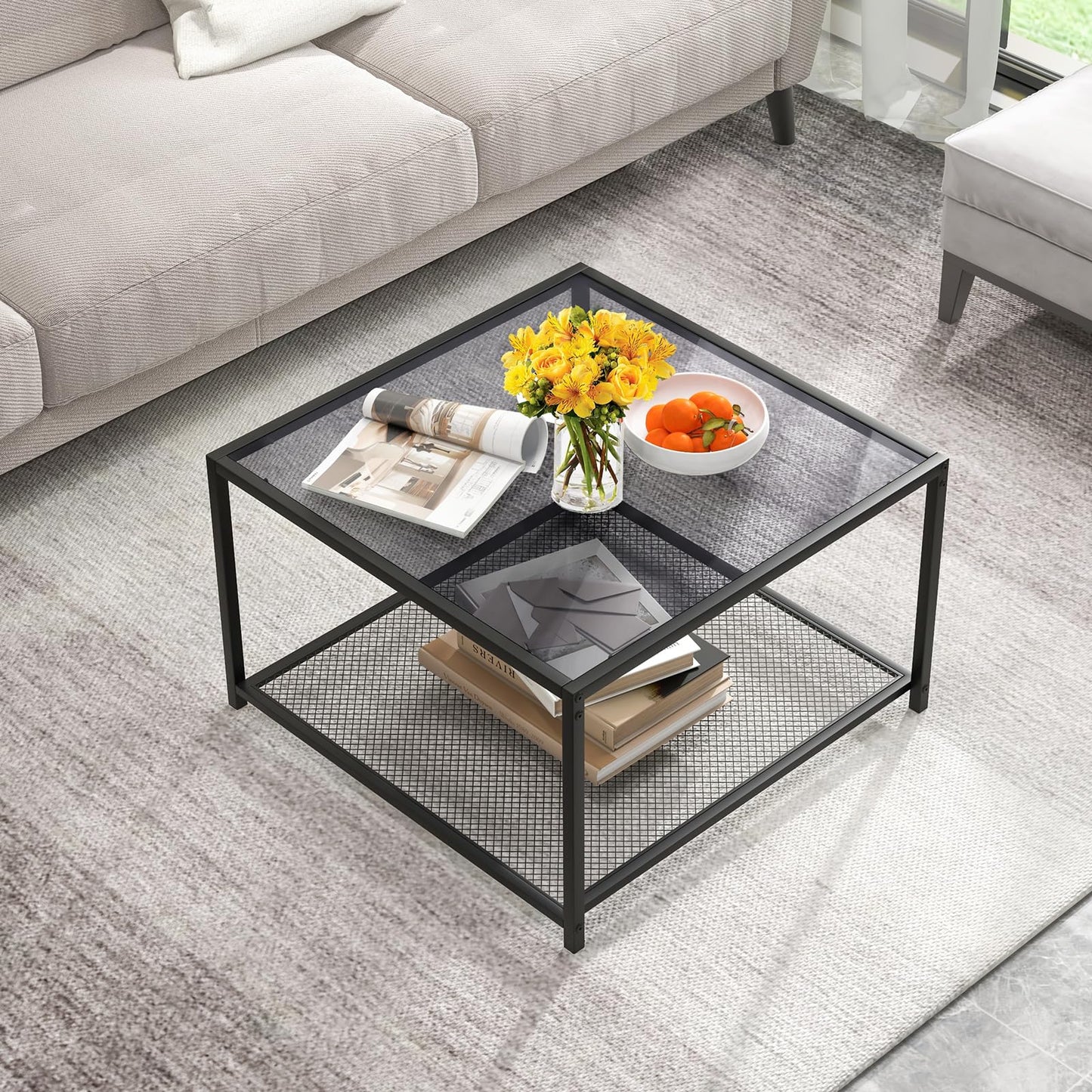 Giantex Square Coffee Table Tempered Glass Sofa Side Table with Adjustable Foot Pads ((with Mesh Shelf)