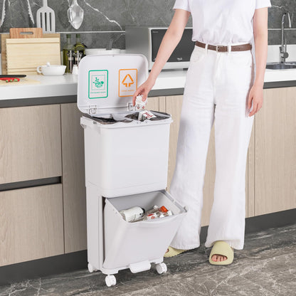 Giantex Recycling Bins 40L Pedal Kitchen Bin with 3 Compartments Lockable Wheels