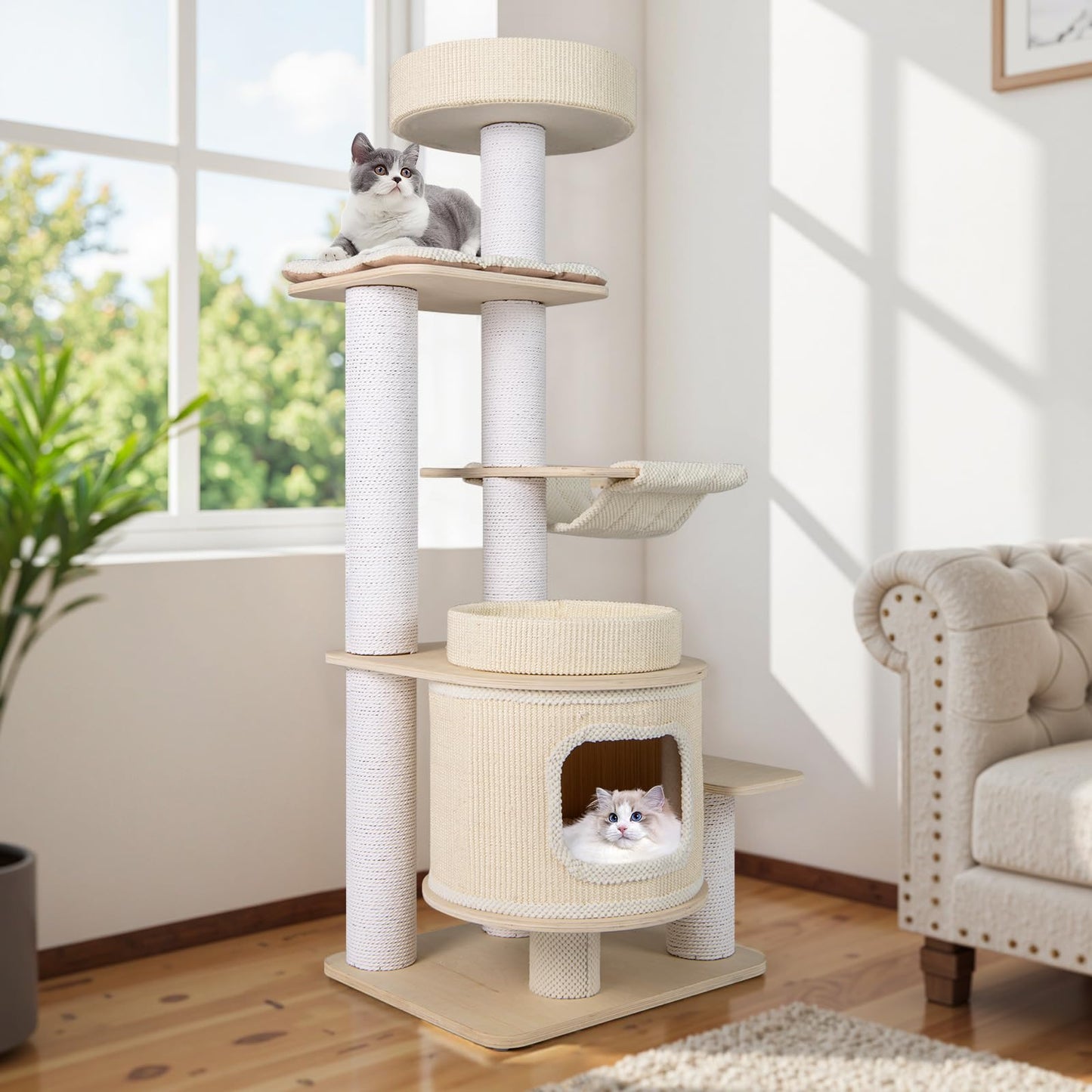 Cat Tree, Tall Multi-Layer Cats Tower with Comfy Padded Top Perch