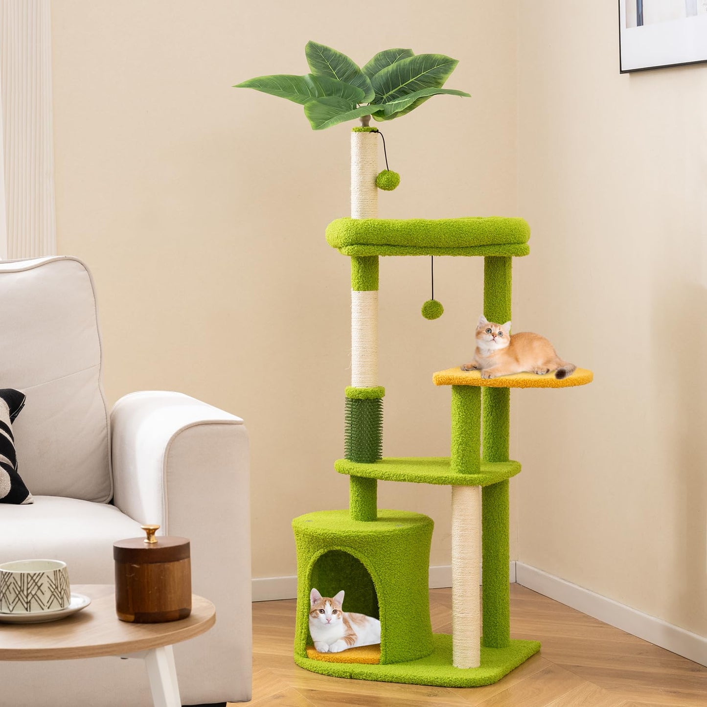Cute Cat Tree for Adult Cats Multi-level Kitty Tower with Artificial Leaves