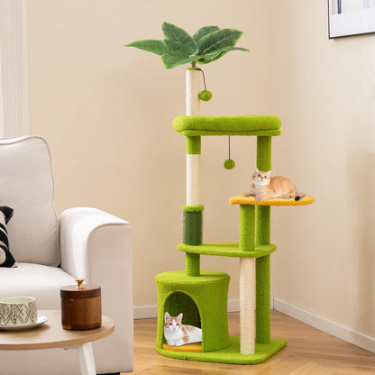 Cute Cat Tree for Adult Cats Multi-level Kitty Tower with Artificial Leaves