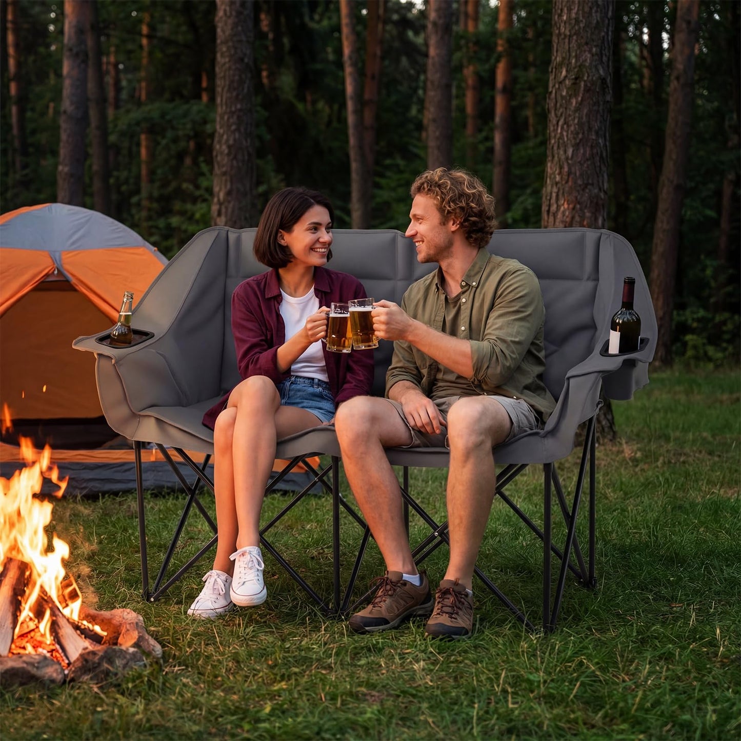 Double Camping Chair with Cup Holders and Glass Racks
