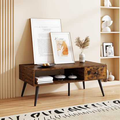 109cm Rectangular Wooden Coffee Table with Drawer and Storage Shelf
