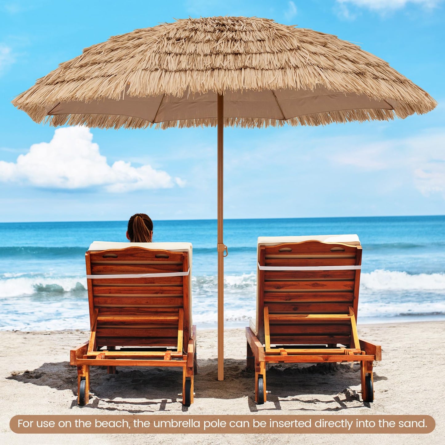 Folding Tilting Thatch Tiki Sun Umbrella with 8 Ribs