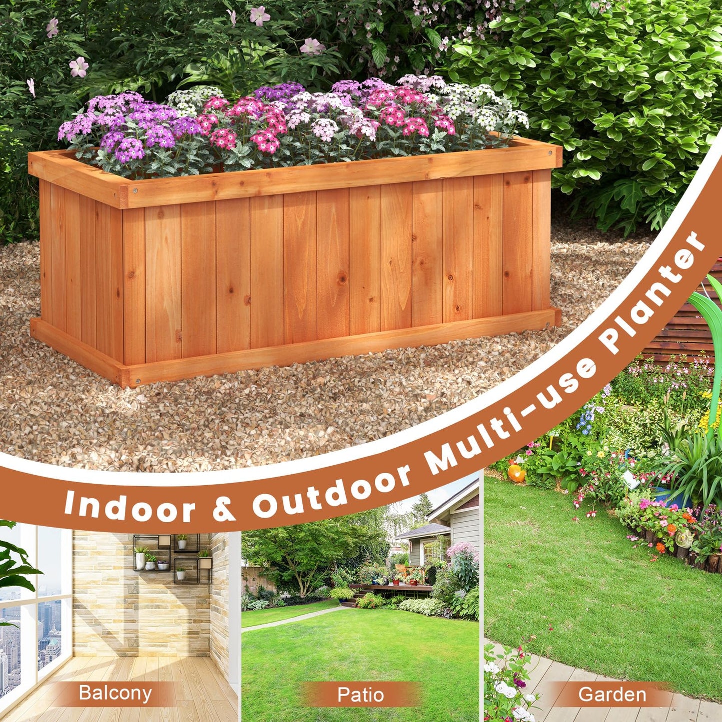 Wooden Garden Planter, Heavy Duty Rectangular Trough Box