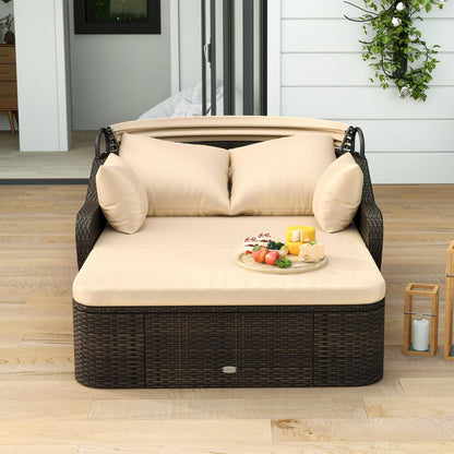 PE Rattan Daybed with Retractable Canopy and Soft Cushions for Backyard