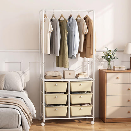 Clothes Rail on Wheels, Clothes Rack with 6 Drawers, Storage Shelf