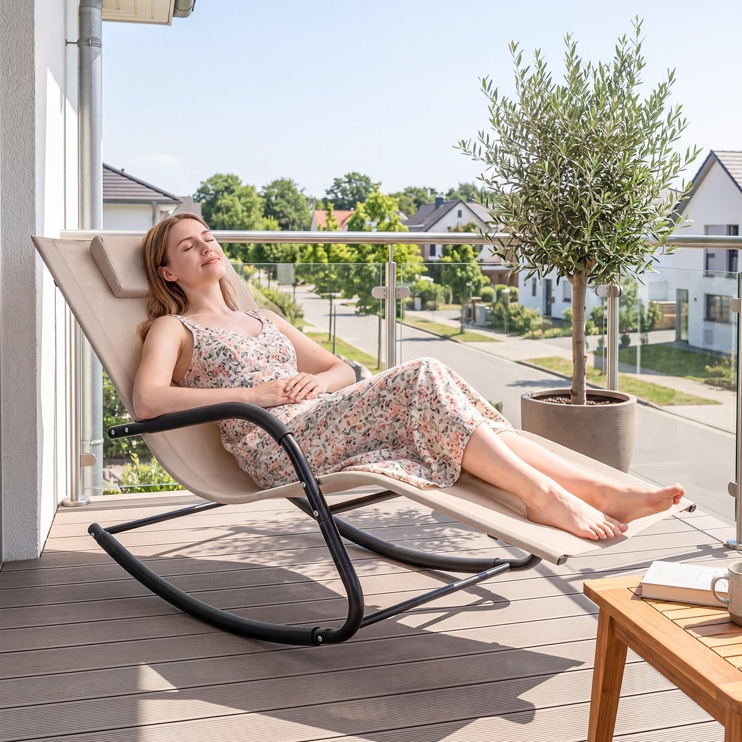 Rocking Sun Lounger, Zero Gravity Recliner Garden Rocking Chair with Headrest & Curved Armrests