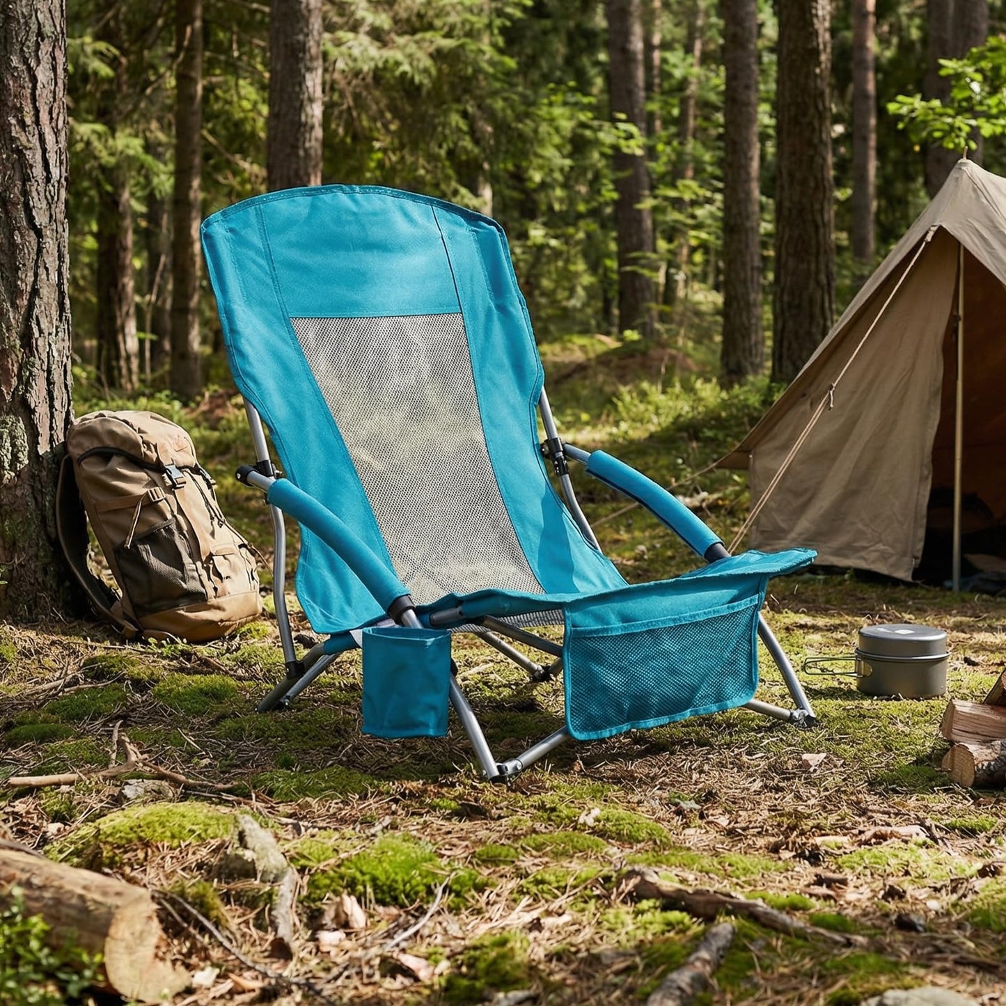 Folding Beach Chair with Padded Armrests and Storage Pocket