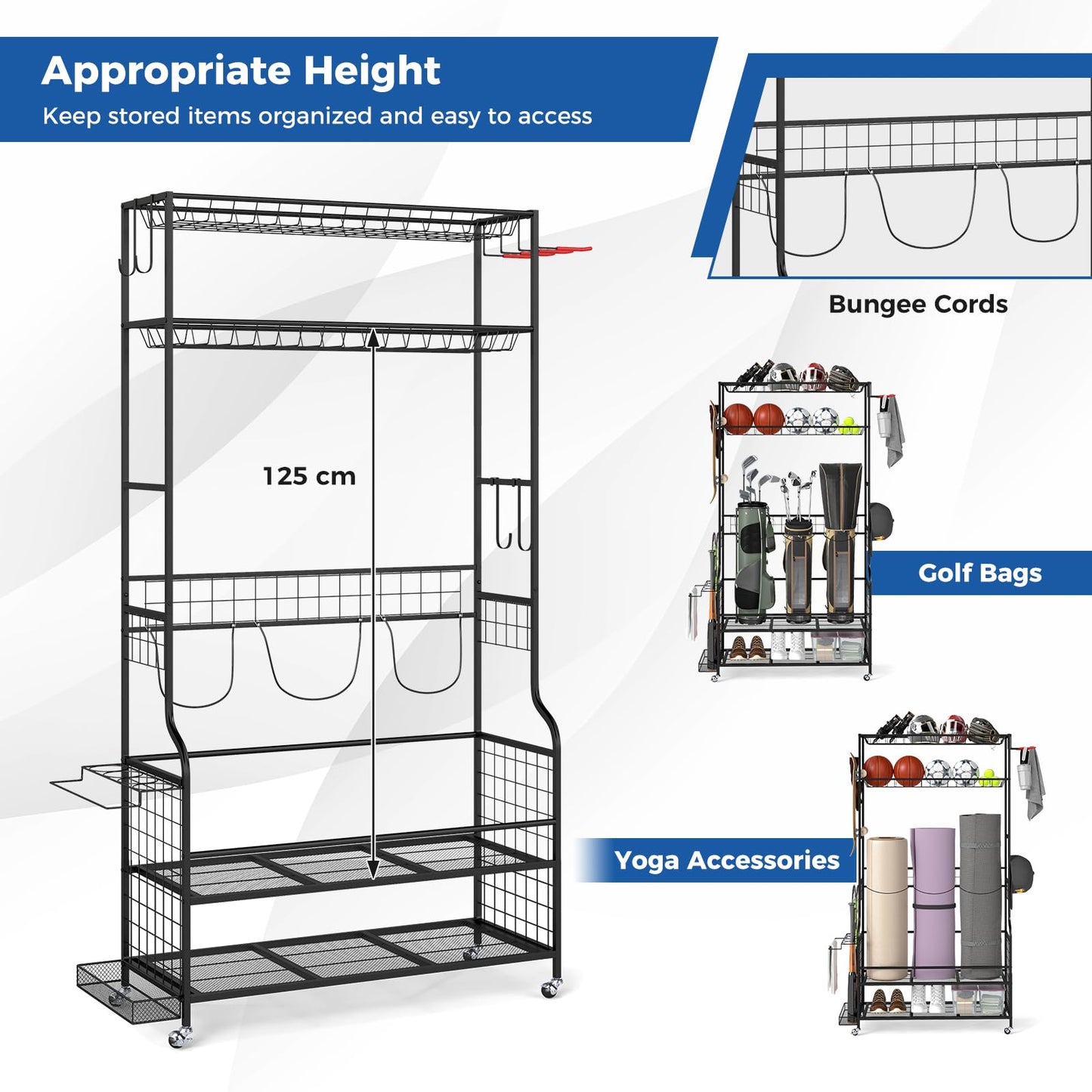 3 Golf Bags Storage Garage Organizer with Wheels 4 Hooks