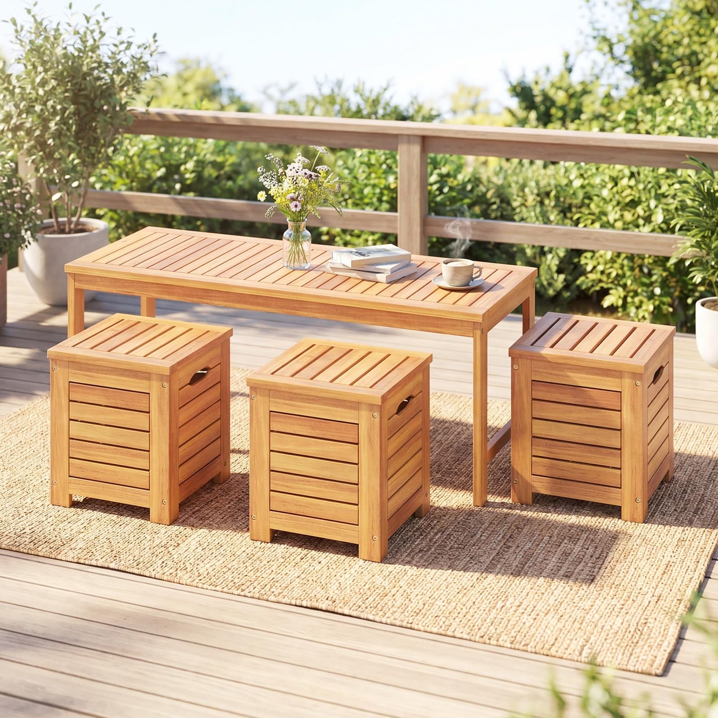 4-Piece Garden Bench and Storage Box Set, Acacia Wood Backless Patio Bench and Deck Boxes