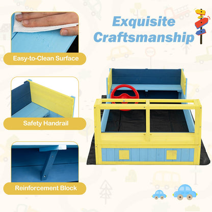 Kids Wooden Sandbox Large Car-Theme Sand Box with Bottom Liner Frame