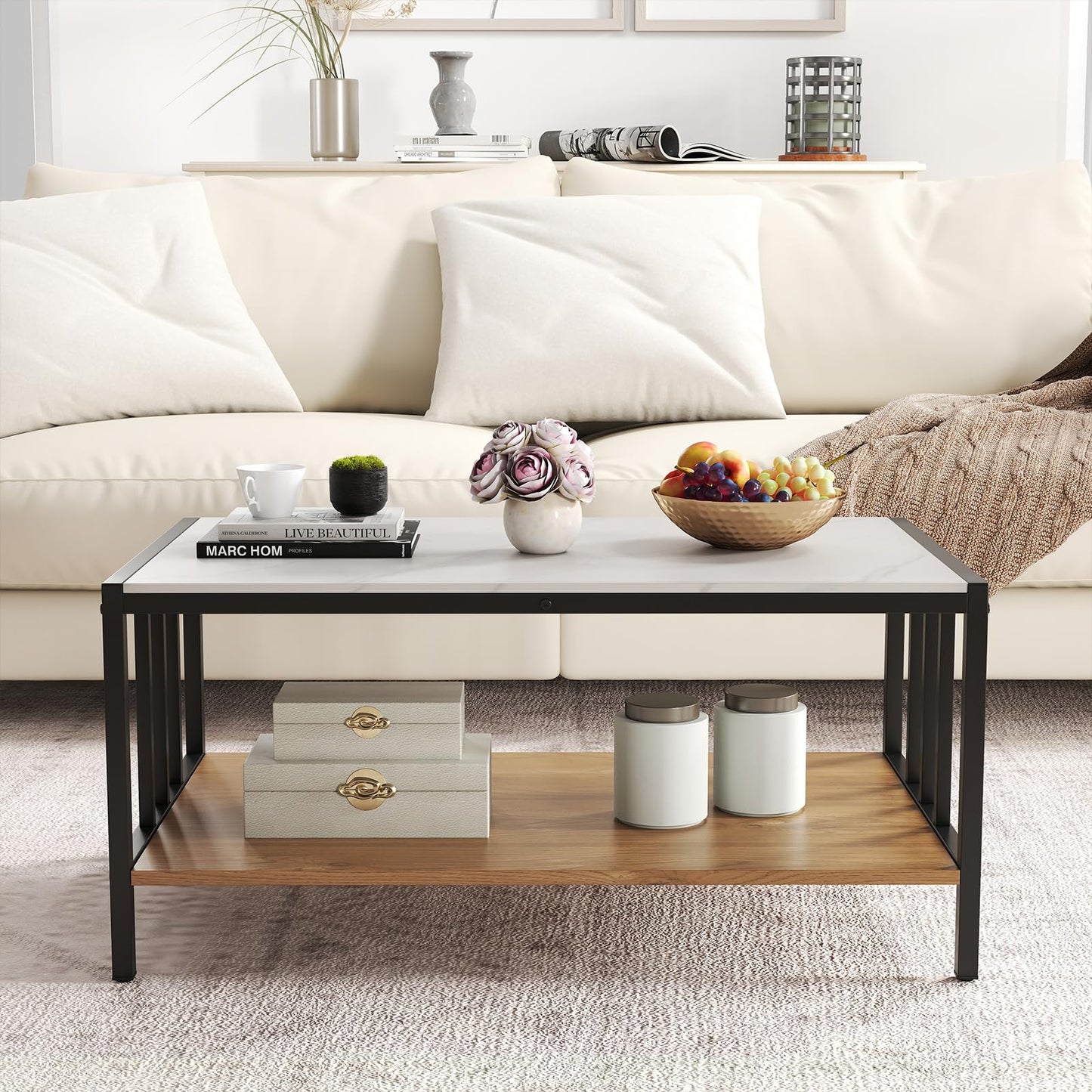 Giantex 2-Tier Coffee Table Rectangular Faux Marble Cocktail Center Accent Tea End Sofa Side Table
