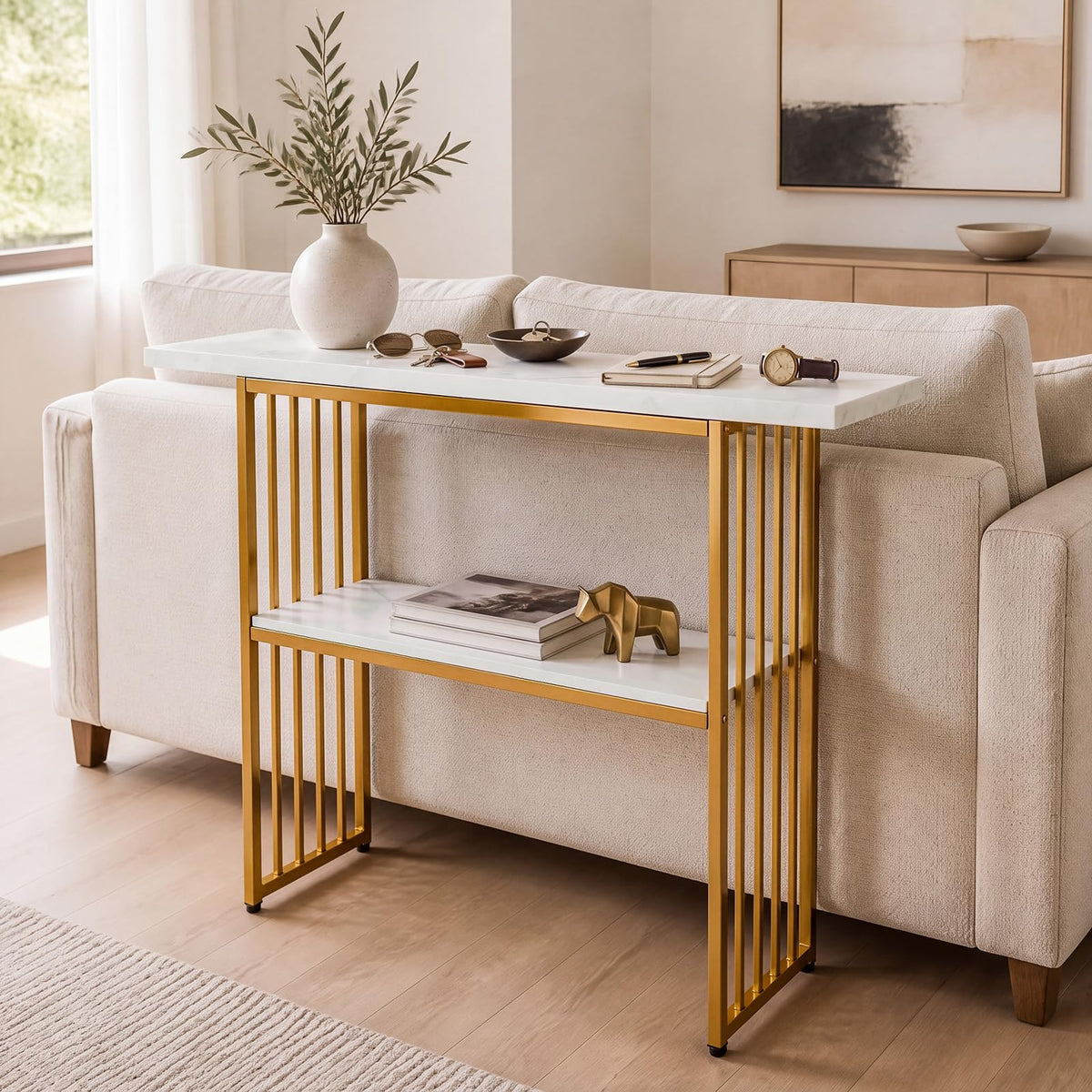 2-Tier Console Table, Faux Marble Slim Entryway Table
