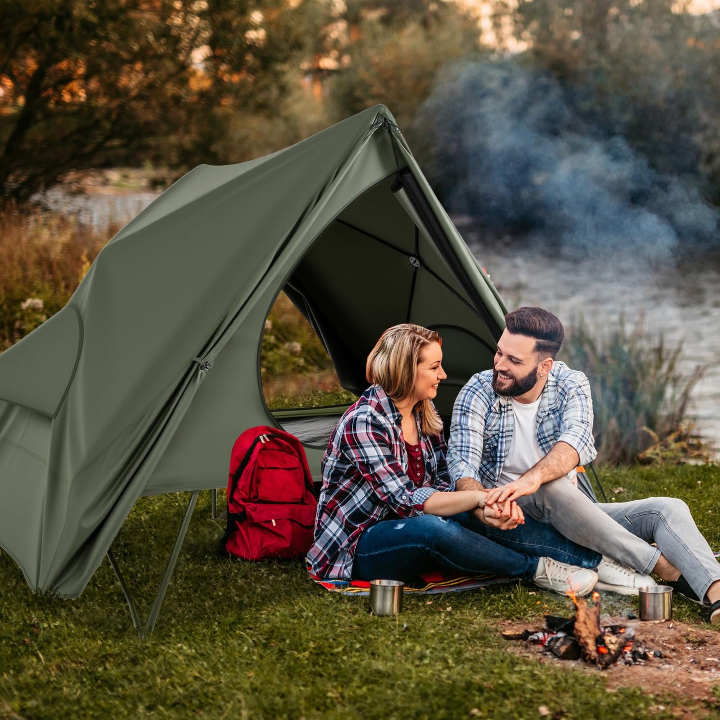 2-Person Foldable Off-Ground Camping Cot Tent with Wheeled Bag
