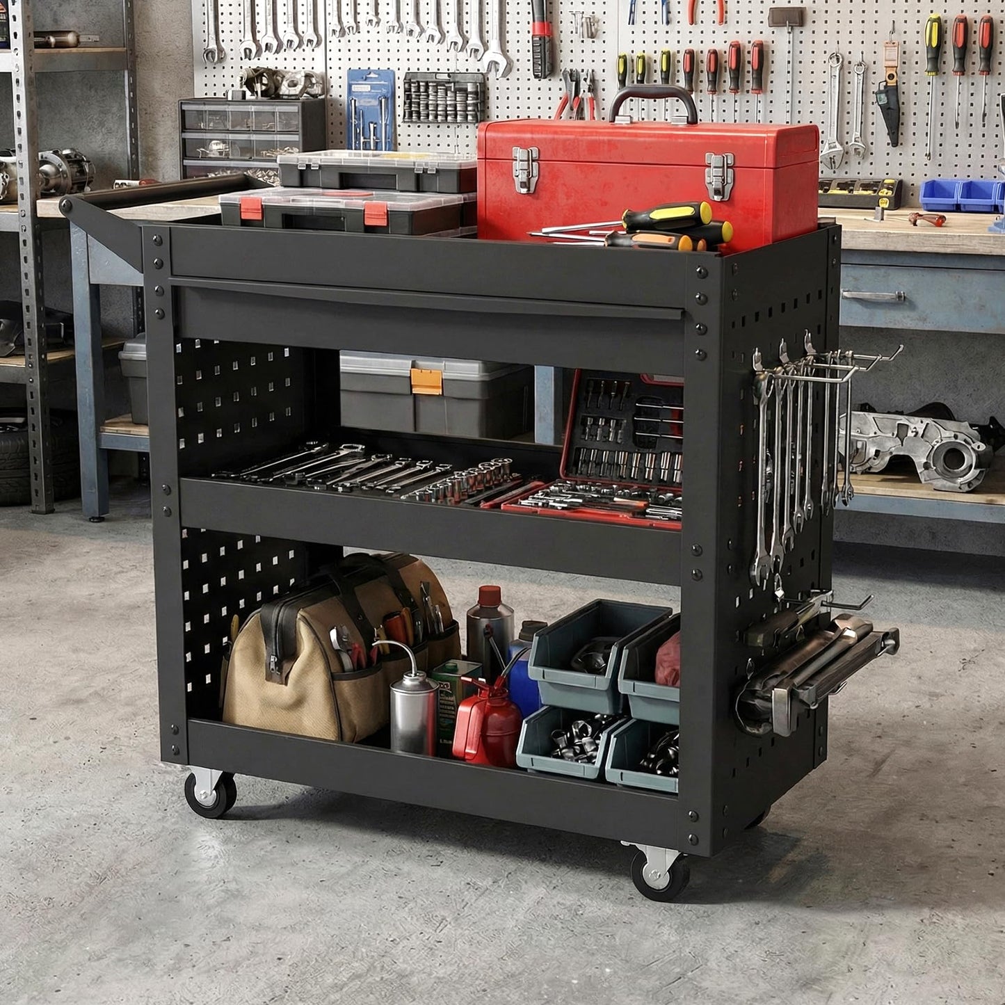 3-Tier Tool Trolley on Wheels, Lockable Metal Mechanic Tool Cart with Drawer