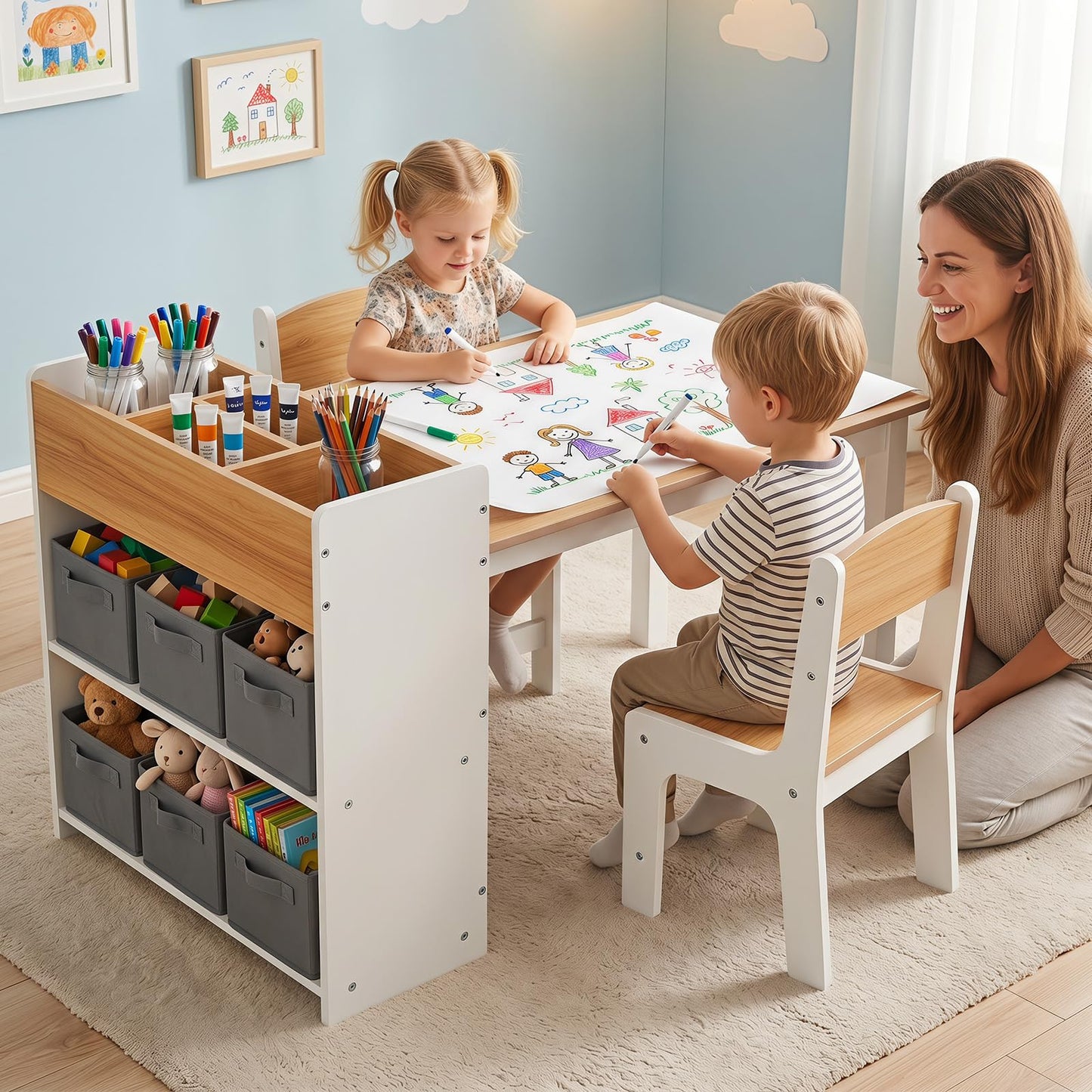 Kids Art Table and Chair Set, 3PCS Toddler Activity Desk and Chair