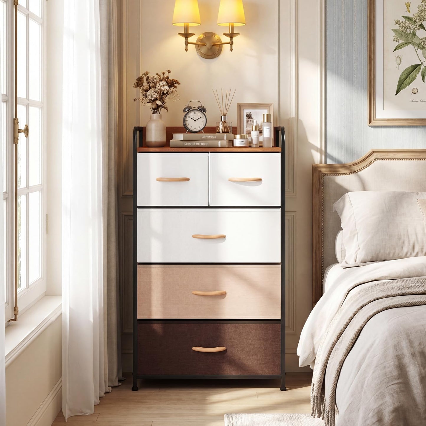 5-Drawer Tall Narrow Fabric Dresser with Removable Fabric Bins