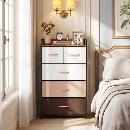 5-Drawer Tall Narrow Fabric Dresser with Removable Fabric Bins