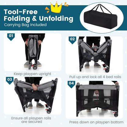 Foldable Pack and Play with 5 Adjustable Heights and Changing Table