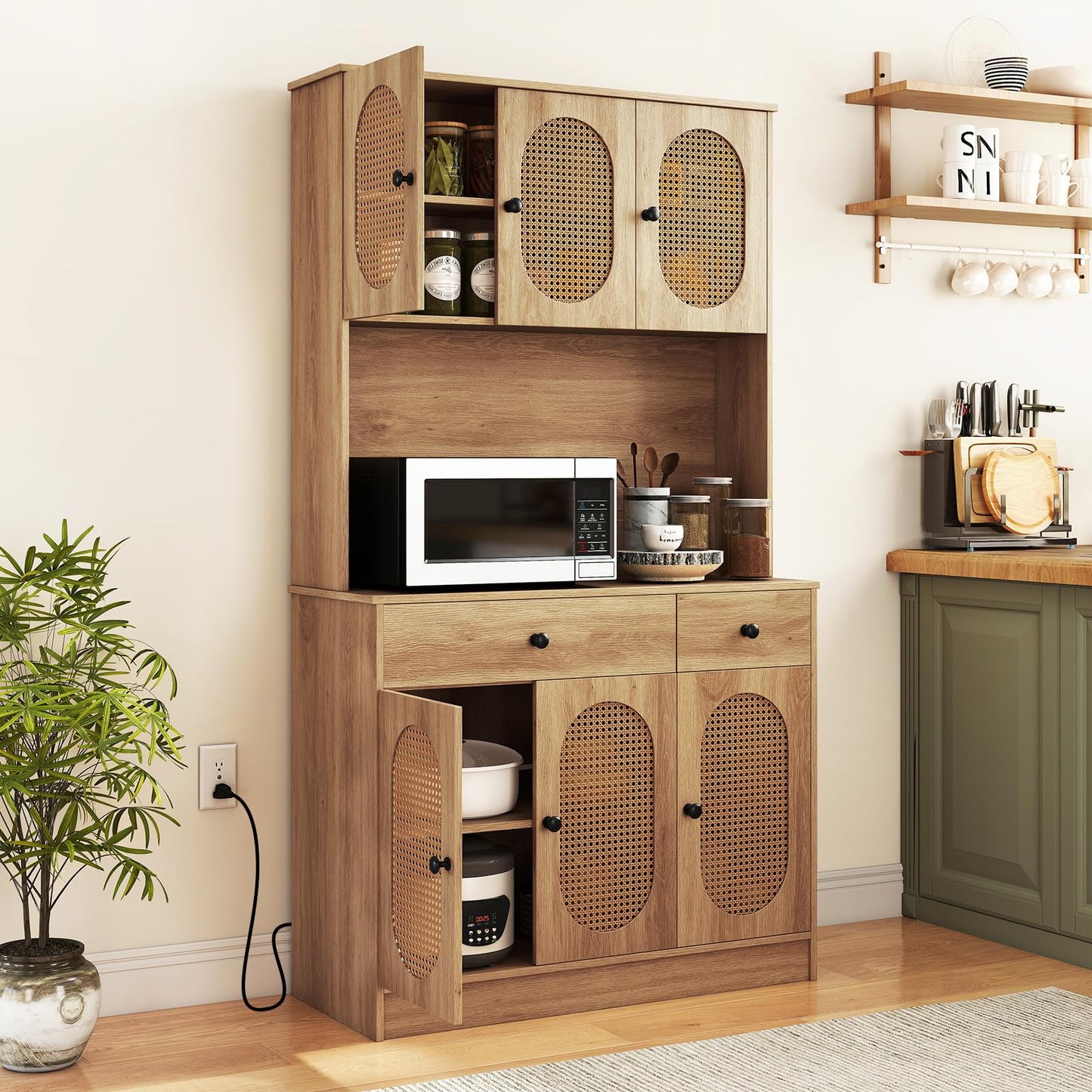 Kitchen Storage Cabinet with Charging Station and 6 Rattan Doors