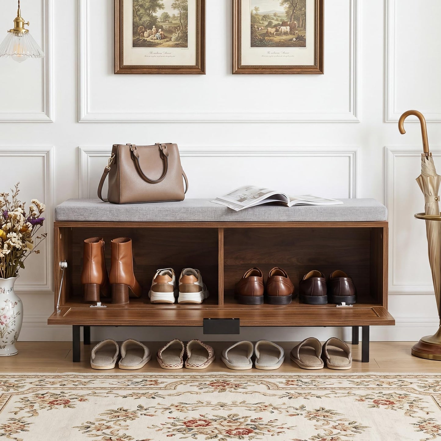 Shoe Storage Bench with Cushion and Flip-Down Rattan Door, Brow