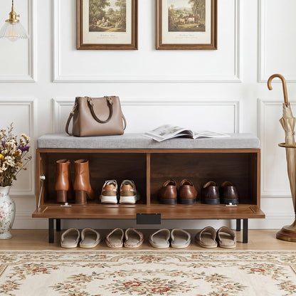 Shoe Storage Bench with Cushion and Flip-Down Rattan Door, Brow