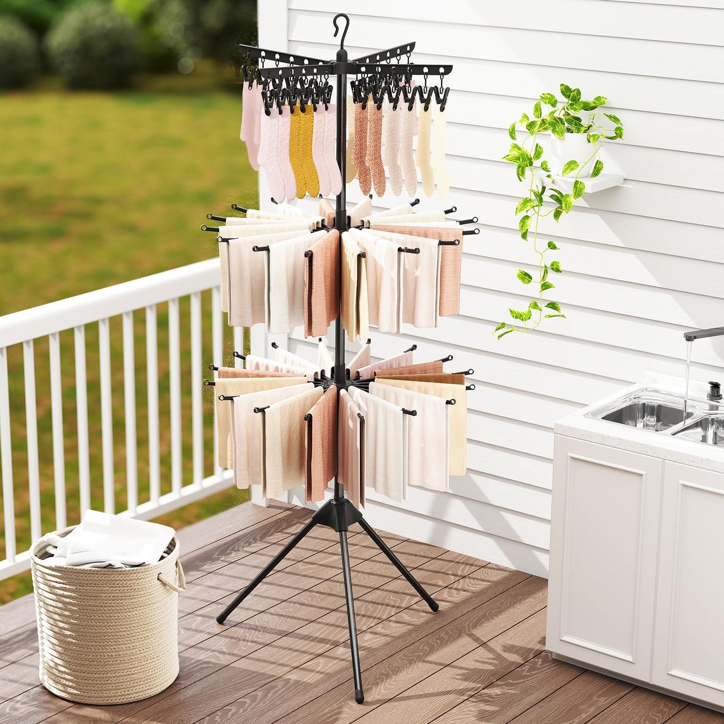 3-Tier Foldable Clothes Drying Rack with 24 Clips and 32 Hanging Rods