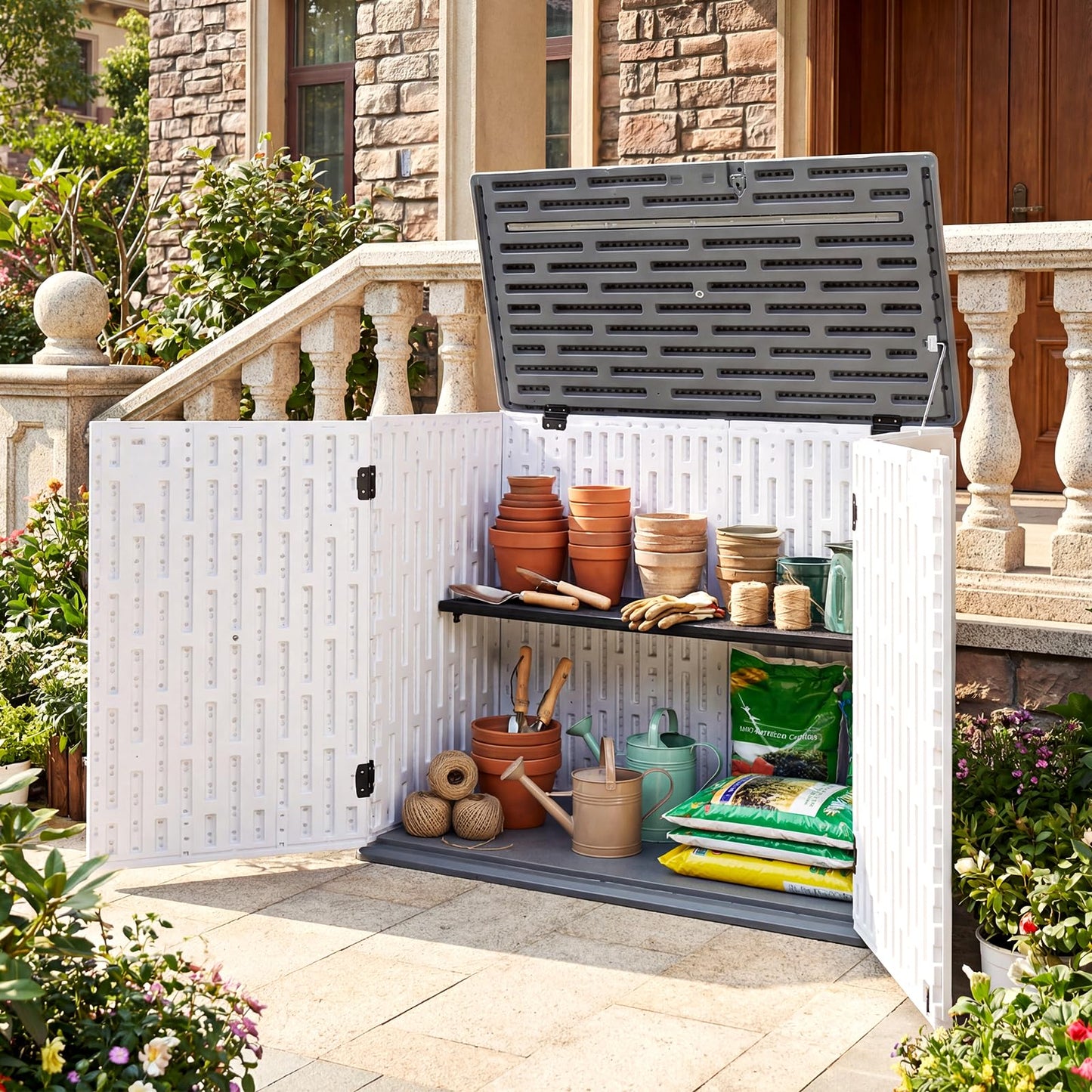 Outdoor Storage Box, All Weather Resistant Garden Shed with 3-Level Adjustable Shelf
