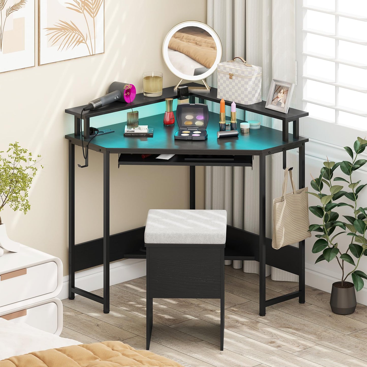 Computer Corner Desk with LED Charging Station and Monitor Stand