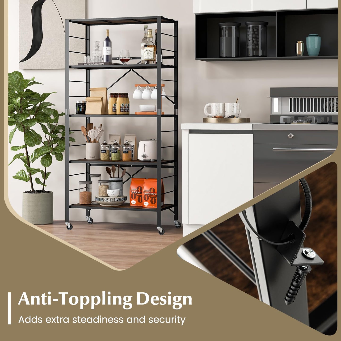 GiantexUK 3/4/5-Tier Storage Cart, Foldable Metal Frame Shelving Unit with Wheels, Adjustable Shelves & Anti-Tipping Device