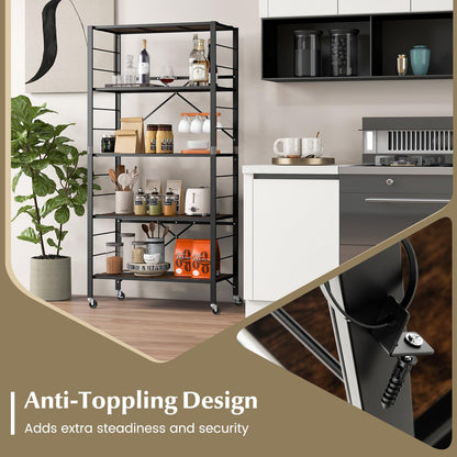 GiantexUK 3/4/5-Tier Storage Cart, Foldable Metal Frame Shelving Unit with Wheels, Adjustable Shelves & Anti-Tipping Device