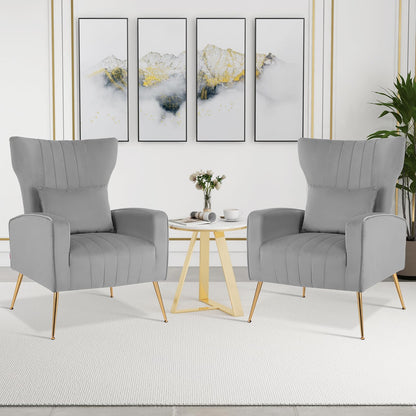 Velvet Upholstered Wingback Chair with Lumbar Pillow and Golden Metal Legs