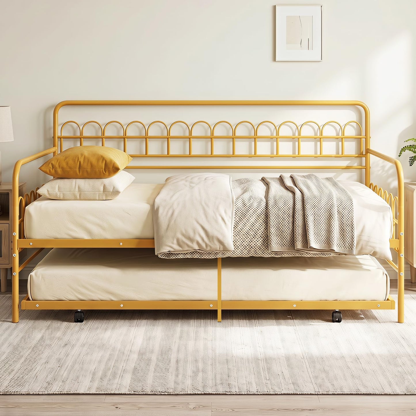 Single Daybed with Trundle and Curved Backrest and Armrests No Box Spring Needed