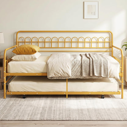 Single Daybed with Trundle and Curved Backrest and Armrests No Box Spring Needed