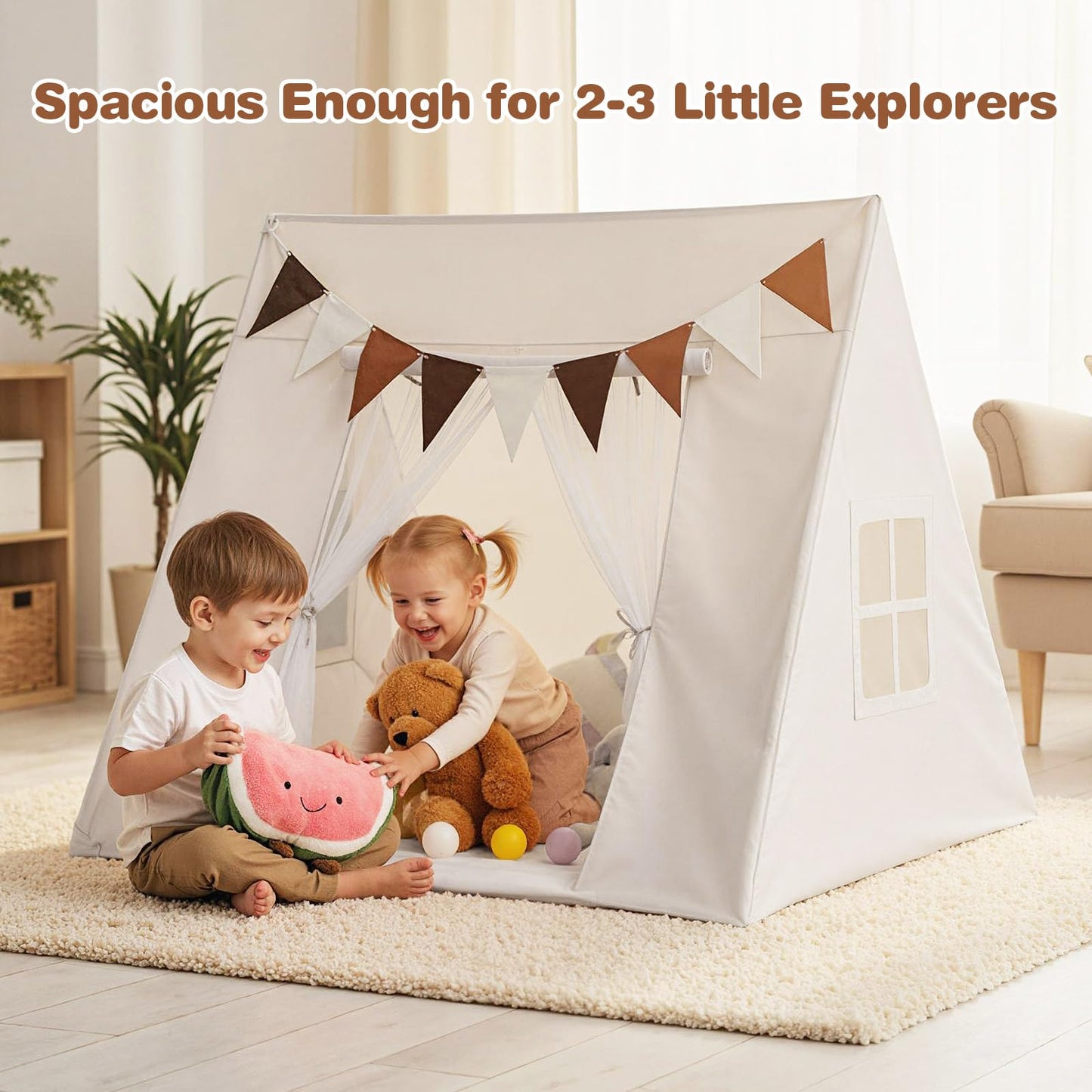 Large Kids Playhouse Tent with Washable Padded Mat and Colorful Flags