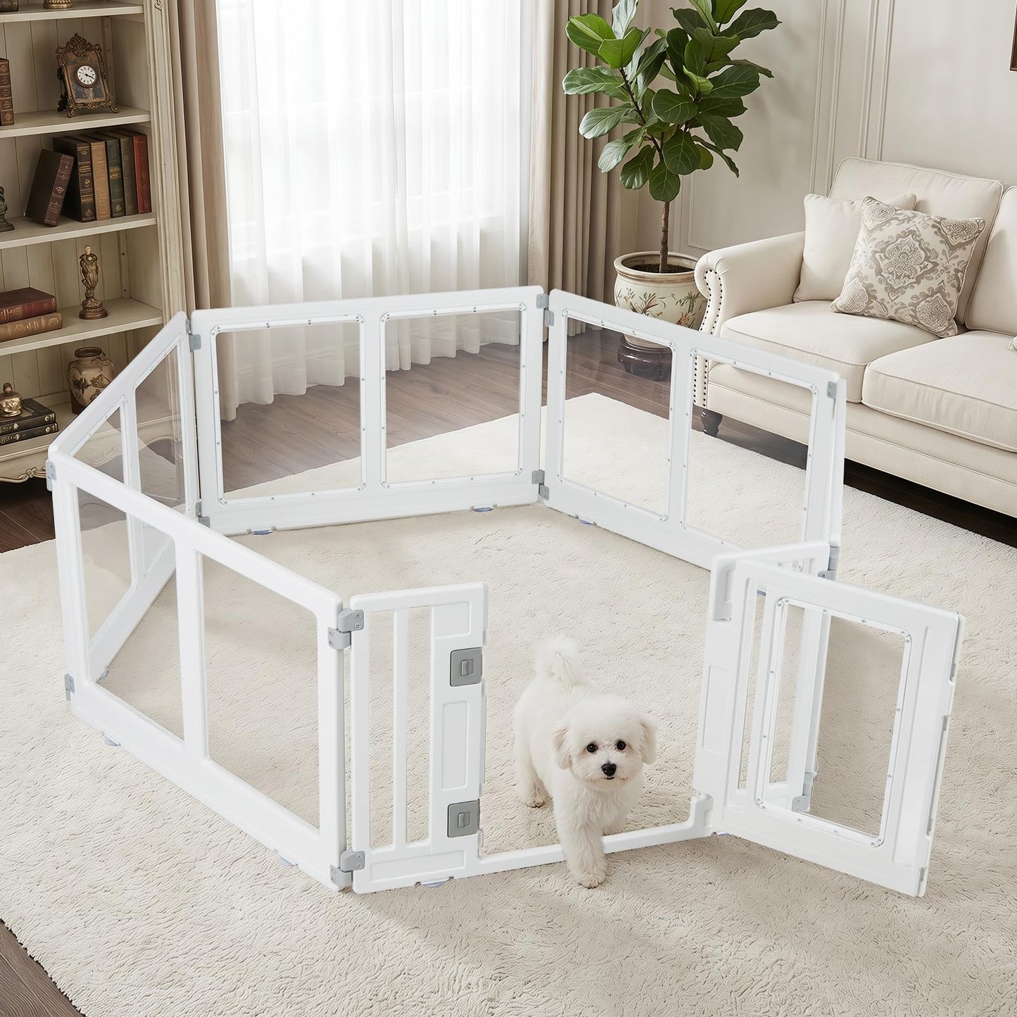 Dog Playpen, 6 Panels Plastic Pet Fence with Lockable Door