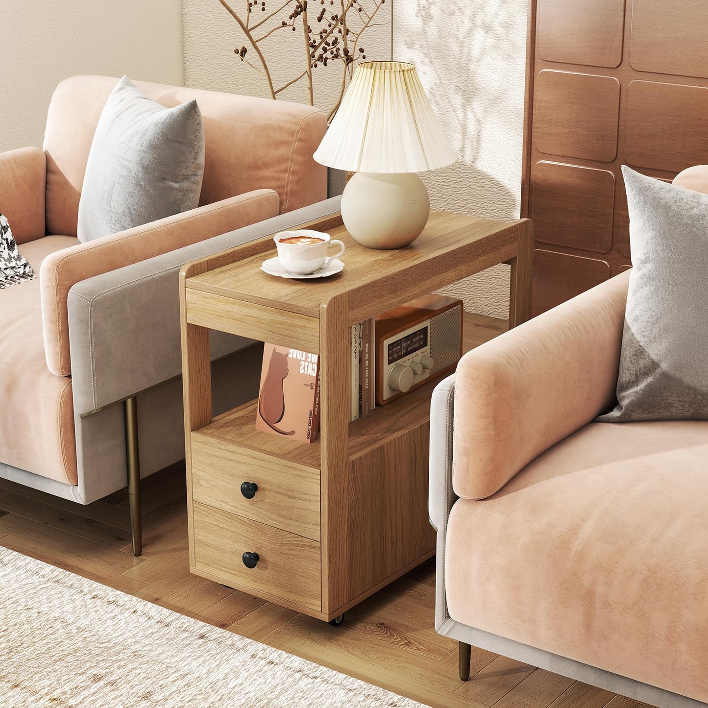 Narrow Bedside Table with 2 Drawers for Small Space