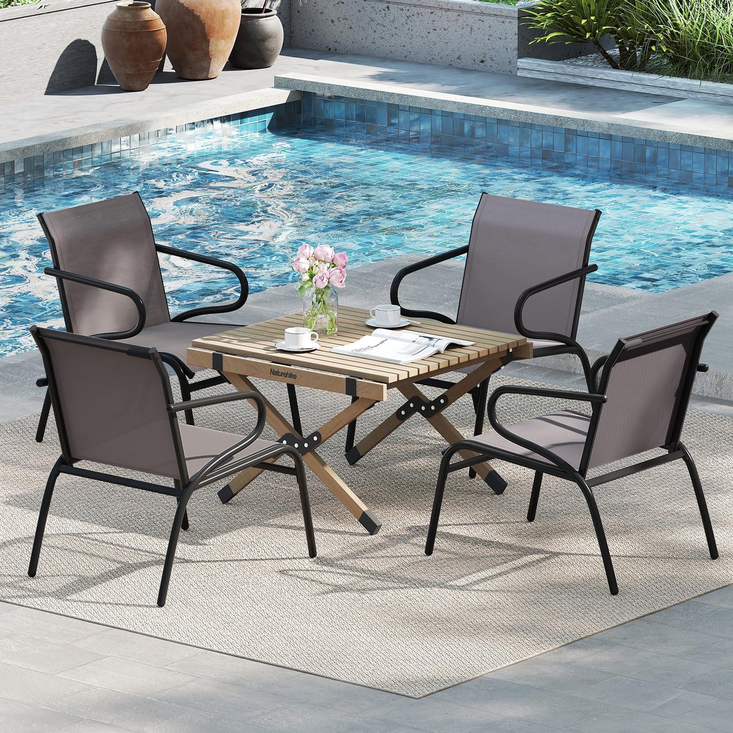 Outdoor Dining Chairs Set of 2 with Breathable Backrest & Seat and Armrests