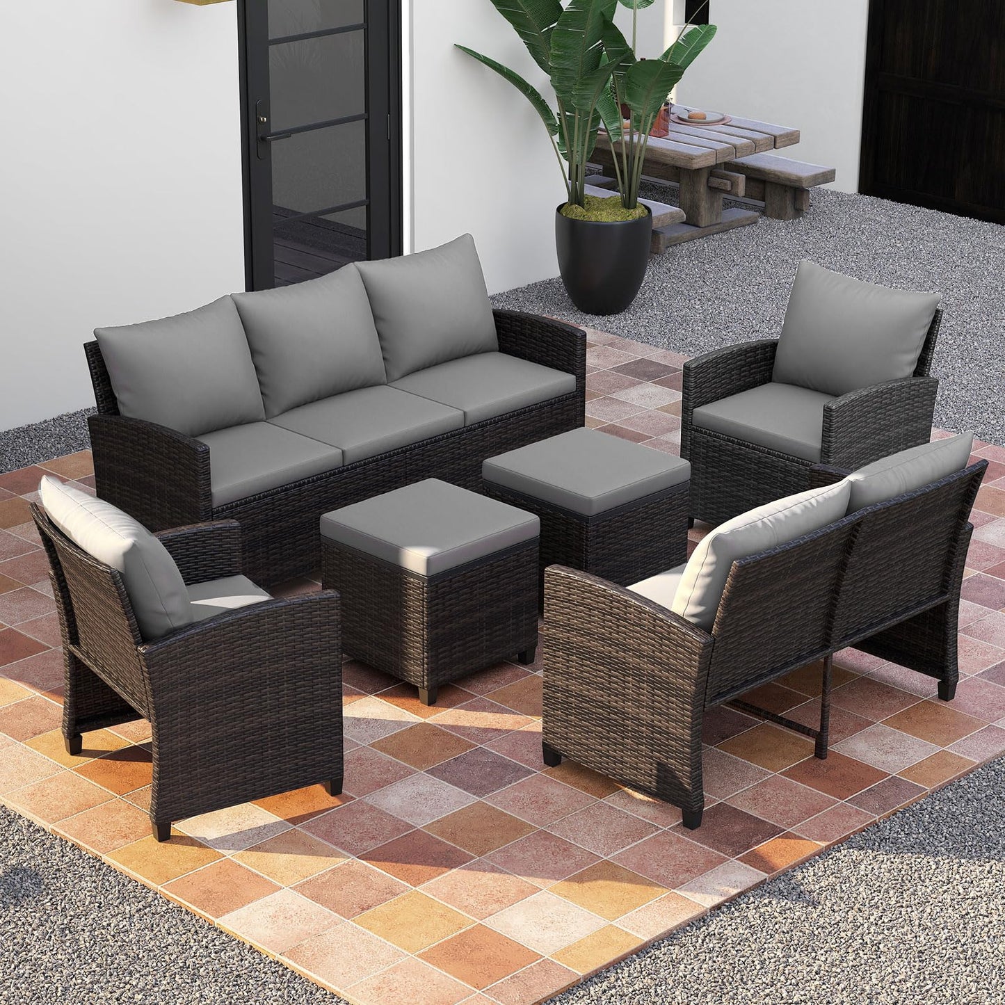 9 Seater Rattan Garden Furniture Set, Patio Conversation Set with 3-Seat Sofa, Loveseat, 2 Chairs, 2 Footstools & Cushions