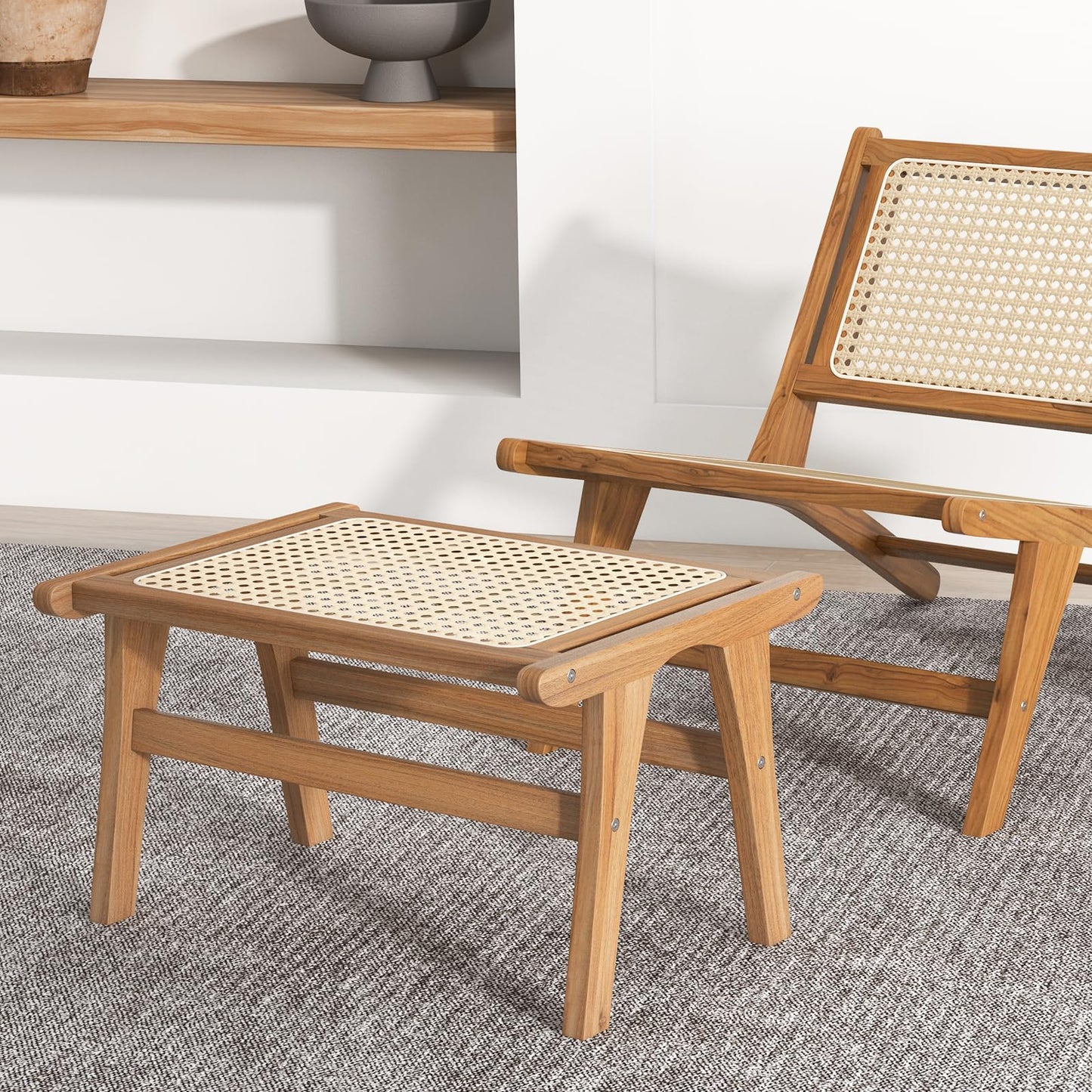 Hand-woven Wicker Footrest Vanity Stool for Living Room
